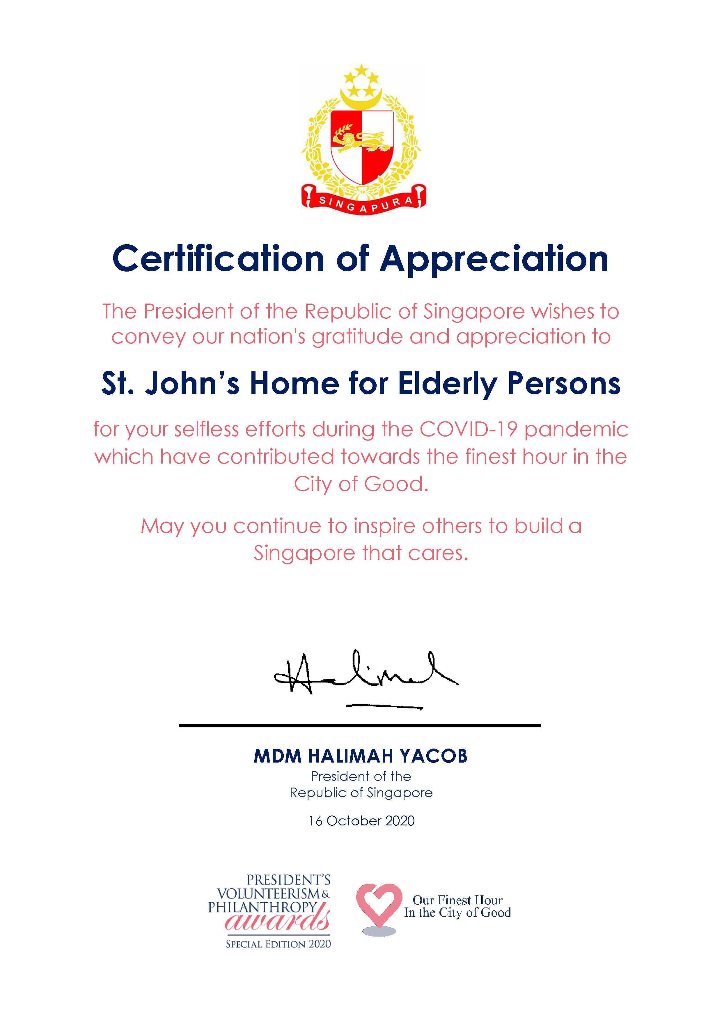 PVPA 2020 Certificate of Appreciation (St. Johns Home for Elderly Persons)